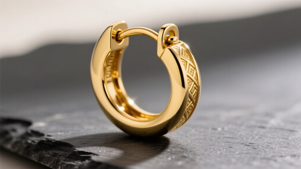 Macro shot of a polished 16-gauge solid 18k yellow gold hoop earring on dark slate, highlighting the intricate latch clasp detail.
