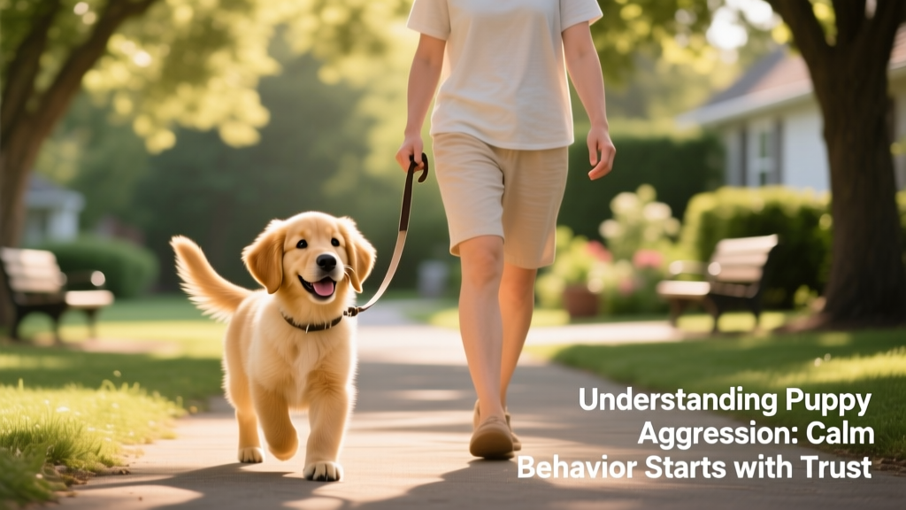 A happy, relaxed puppy walking calmly beside their owner on a loose leash, tail wagging and ears forward