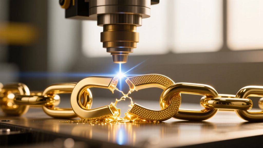 Close-up of a laser welding machine repairing a broken hollow-core 14kt gold Franco chain without melting surrounding metal links