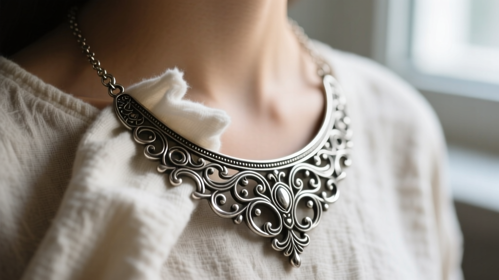 Soft cloth wiping an oxidized silver ornate necklace, revealing bright metal beneath the dark patina finish.