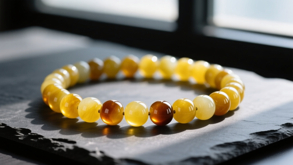 Close-up of a vibrant lemon-yellow jade bead necklace on dark slate, highlighting the smooth polish and natural color variations.