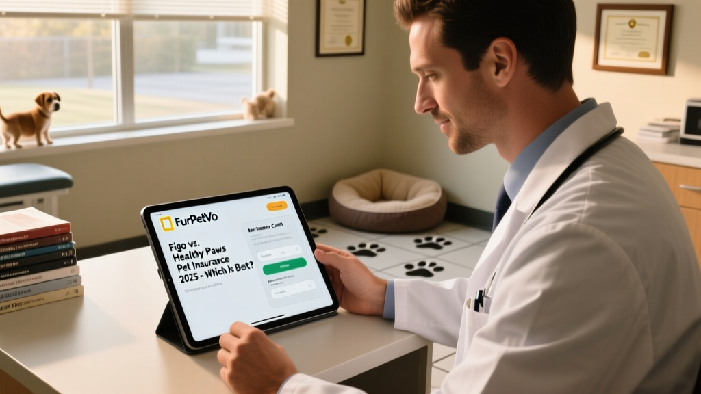 Veterinarian reviewing a digital claim submission on a tablet, with FurPetVo branding visible on screen