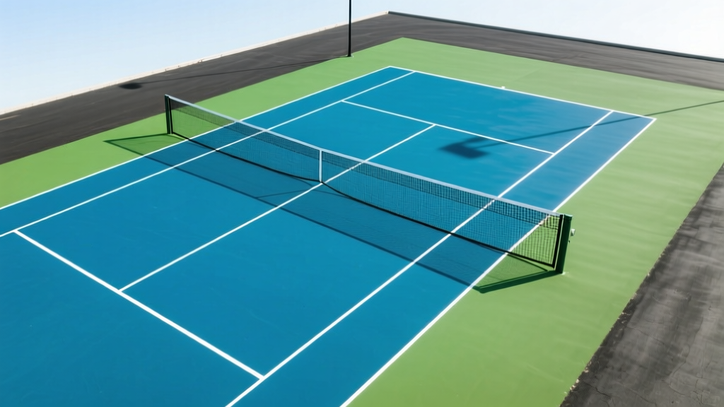 Aerial view of a newly paved asphalt tennis court with vibrant green and blue acrylic surfacing, crisp white lines, and a woven net