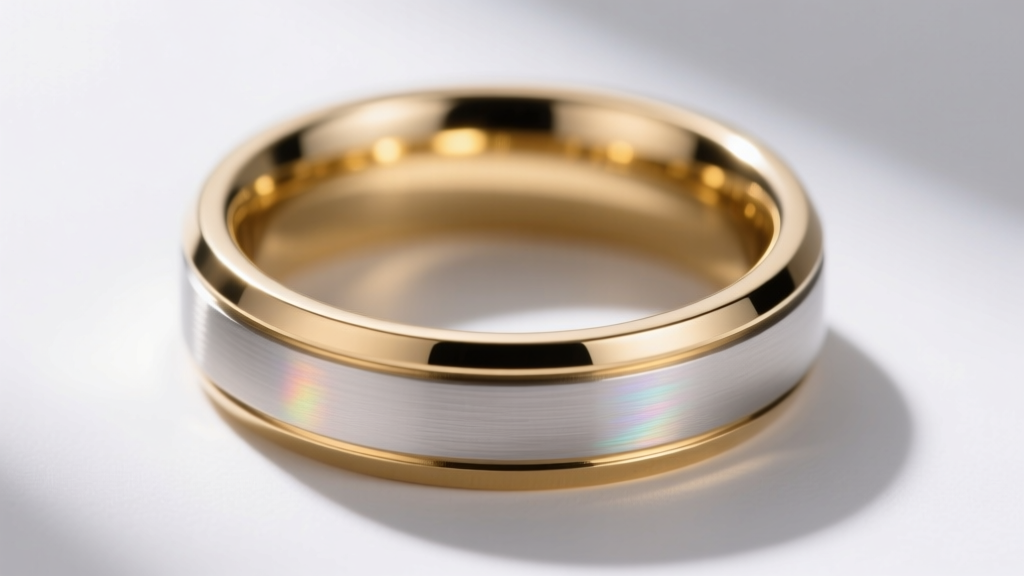 Macro shot of a 316L stainless steel ring with PVD gold coating, showing pristine edges without flaking under bright light.