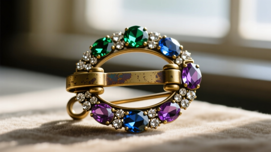 Extreme close-up of a vintage trombone clasp on a 1940s rhinestone brooch, showing the push-pull mechanism and aged brass patina