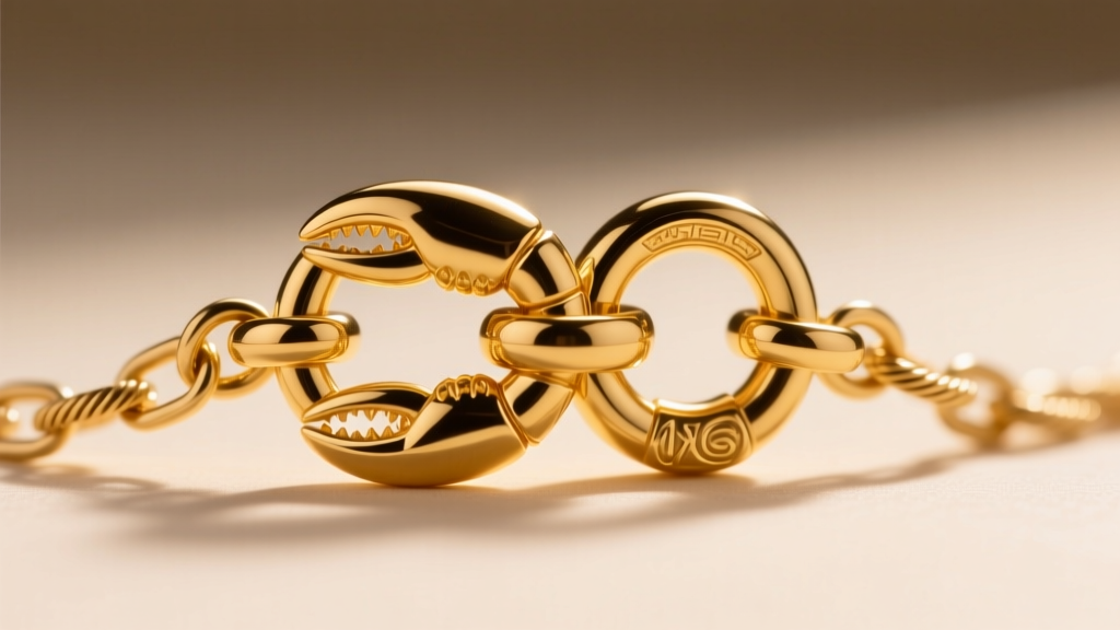Extreme macro shot of an 18k gold lobster clasp with a figure-eight safety catch secured on a delicate cable chain necklace link.