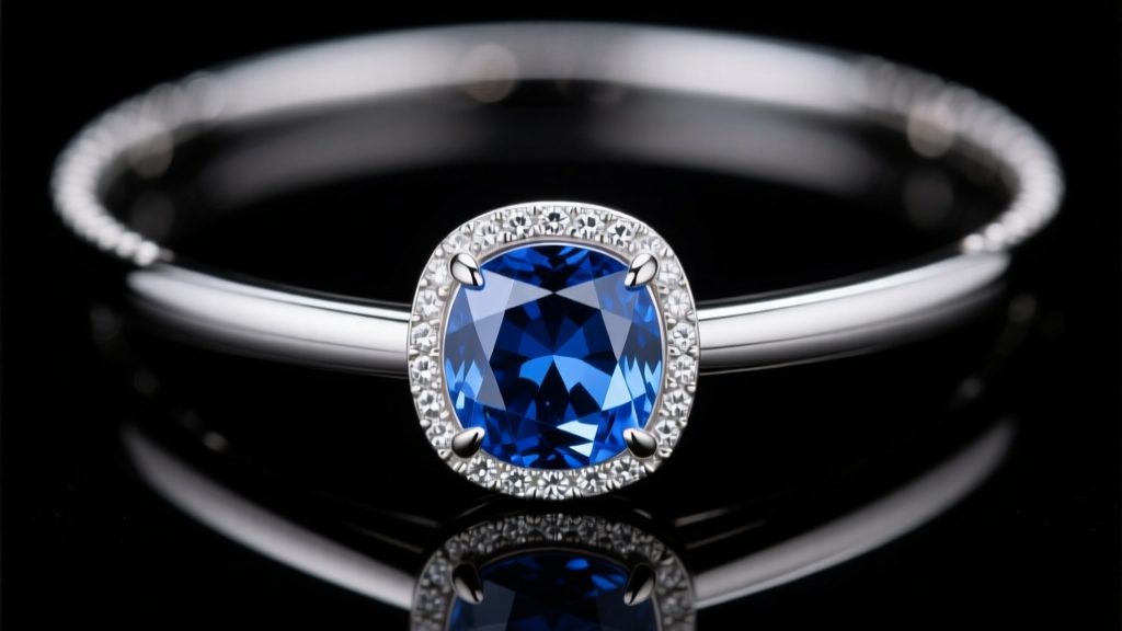 Platinum Yamamoto blue sapphire necklace featuring a 5-carat unheated Ceylon sapphire in a bezel setting against dark velvet background
