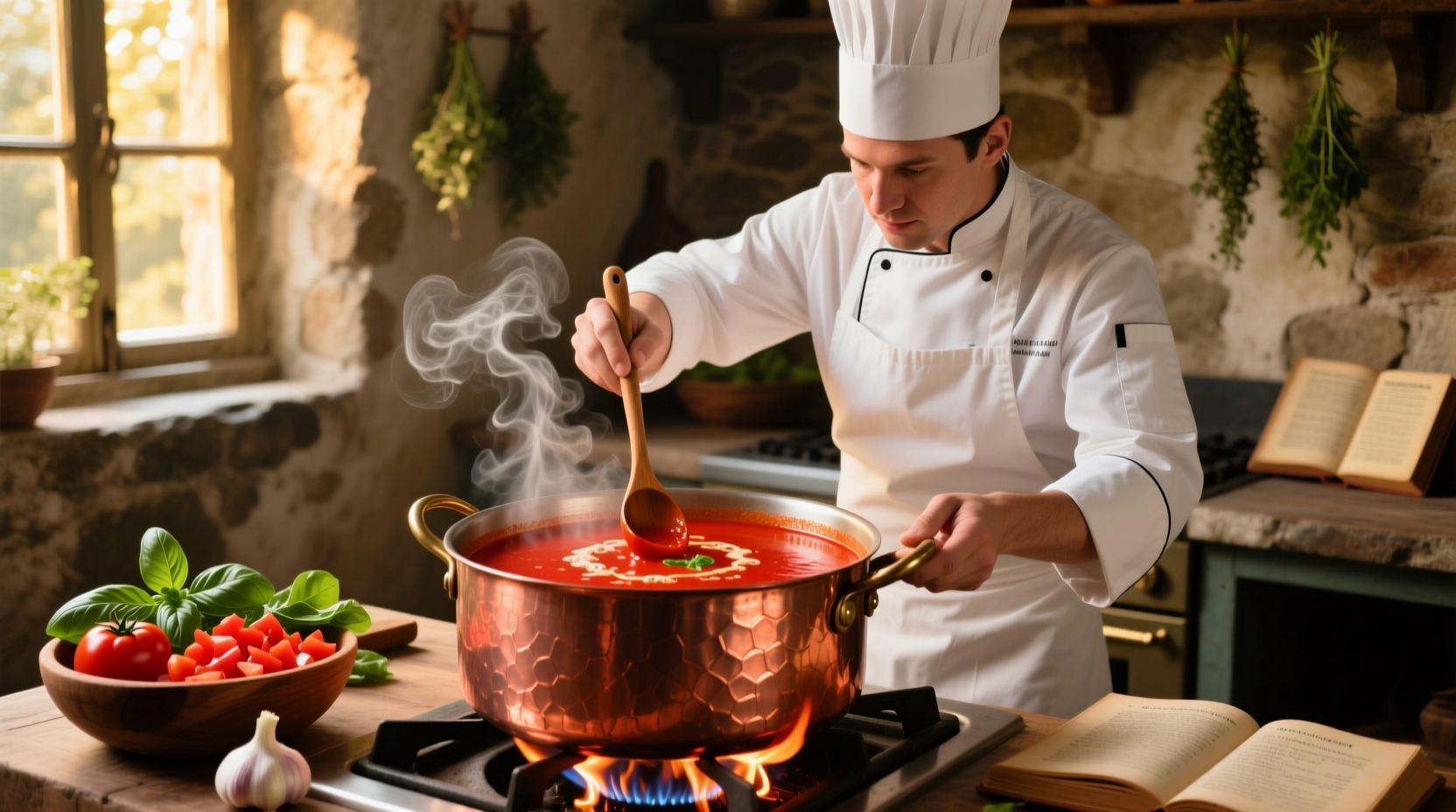 Chef preparing vibrant red tomato soup in copper pot