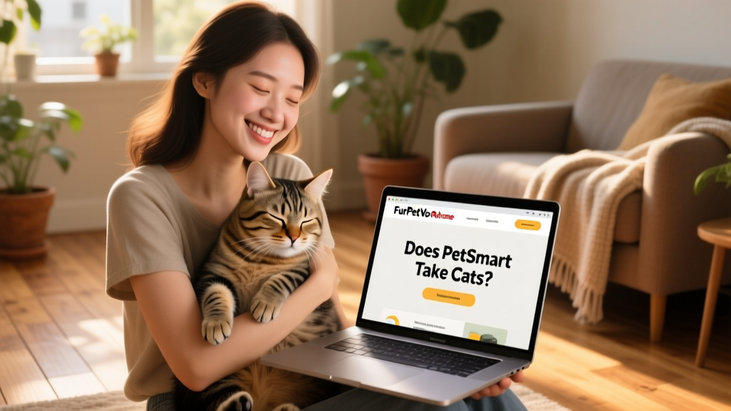 A person smiling while holding a relaxed cat, with a laptop open showing the FurPetVo Rehome page