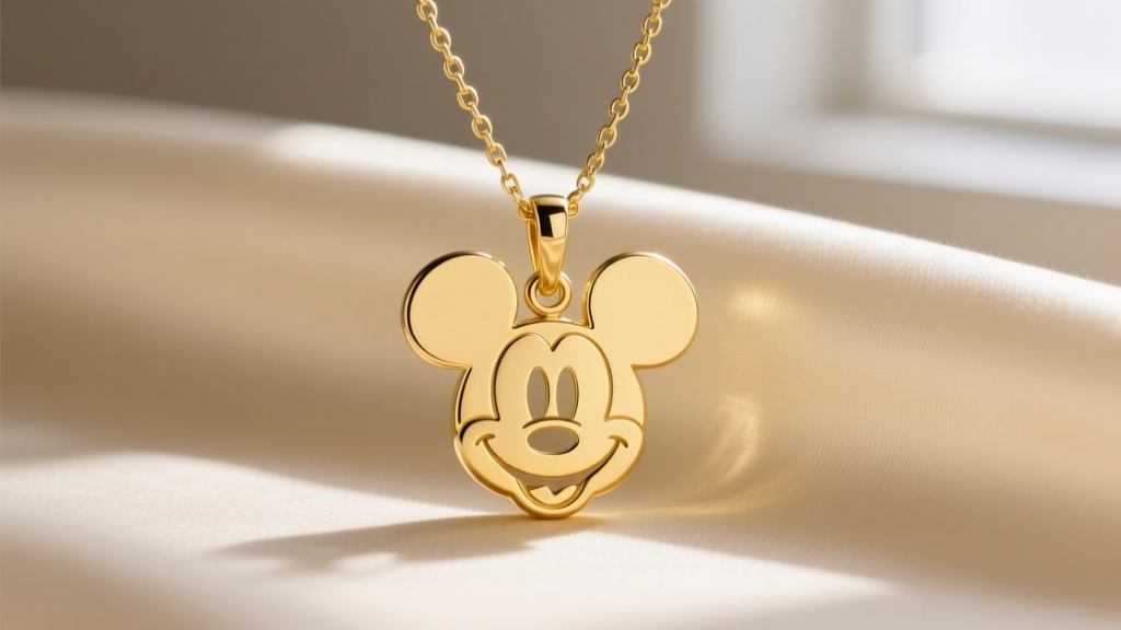 Close-up of a solid 14k yellow gold Mickey Mouse silhouette pendant on a delicate 1.2mm box chain against soft cream silk.