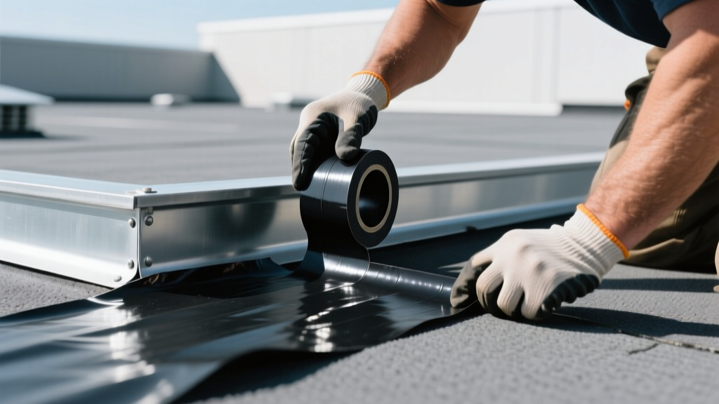 Close-up of a roofing contractor applying black uncured EPDM flashing tape around a galvanized steel HVAC curb on a flat commercial rubber roof