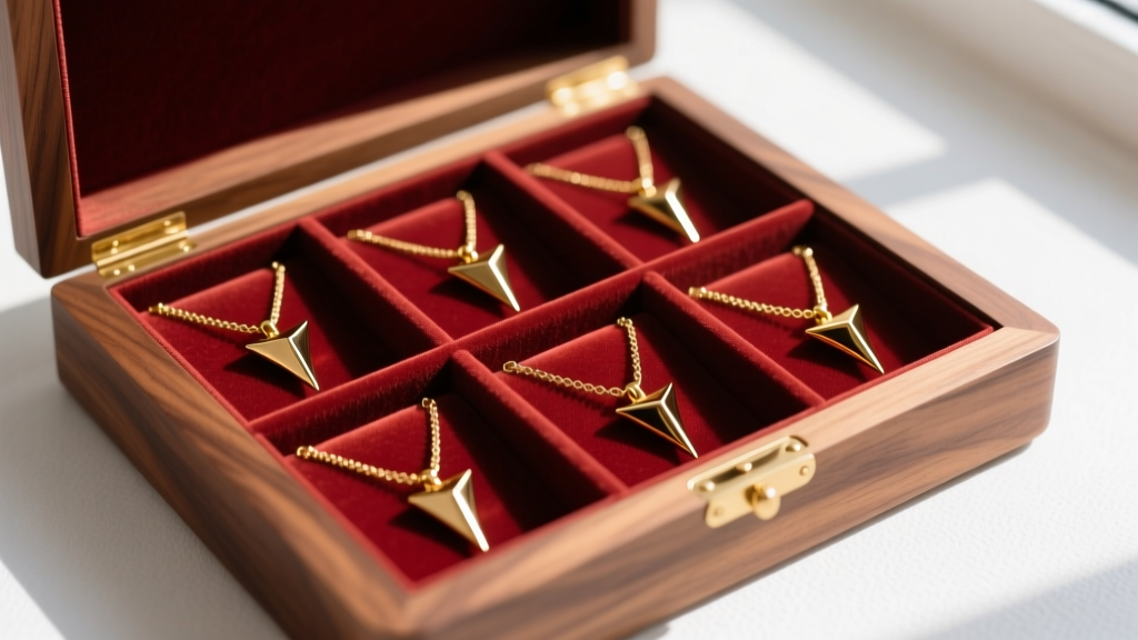 Wooden jewelry box with velvet slots holding gold spike necklaces, preventing the sharp metal pendants from snagging or tangling.
