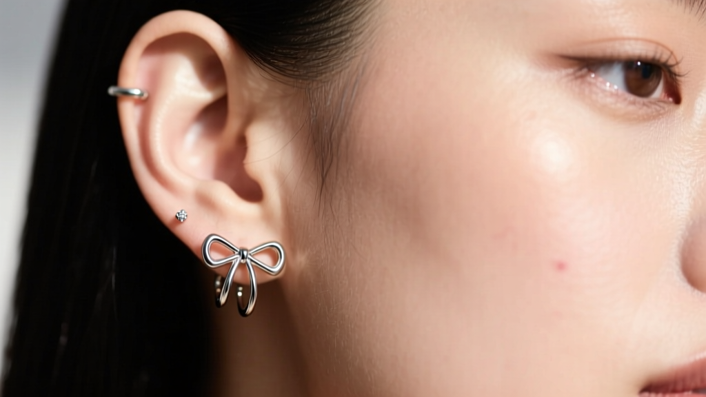 Close-up of a model wearing 16-gauge titanium bow hoop earrings, showing a snug lobe fit with zero sagging and no skin redness.