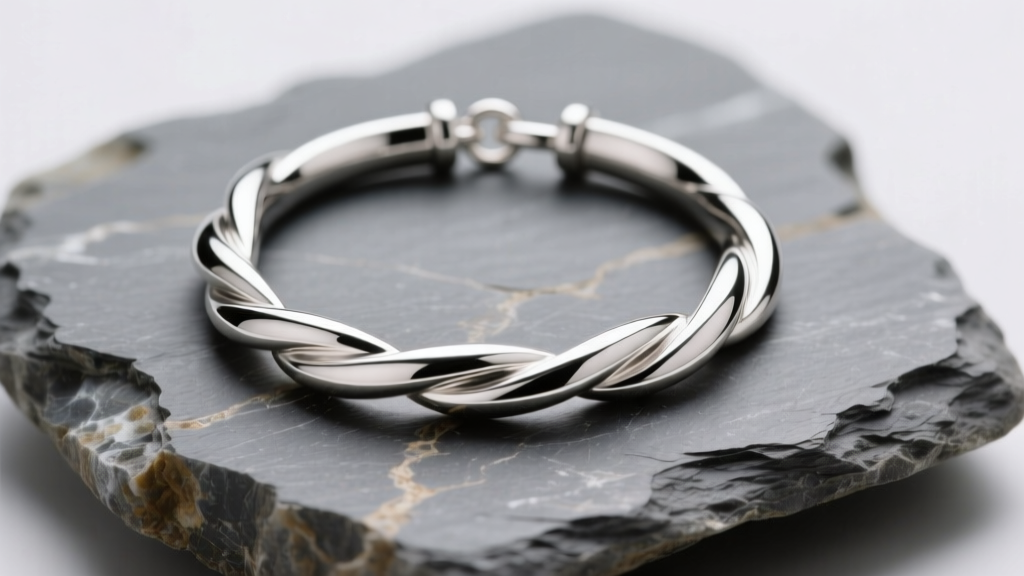 Close-up of a polished sterling silver torc necklace with a tension closure, resting on a piece of raw textured grey slate stone.