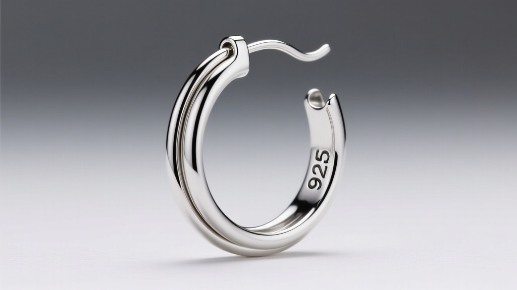 Technical photograph of a western hoop earring French wire clasp, highlighting the tension curve and stamped 925 silver hallmarks