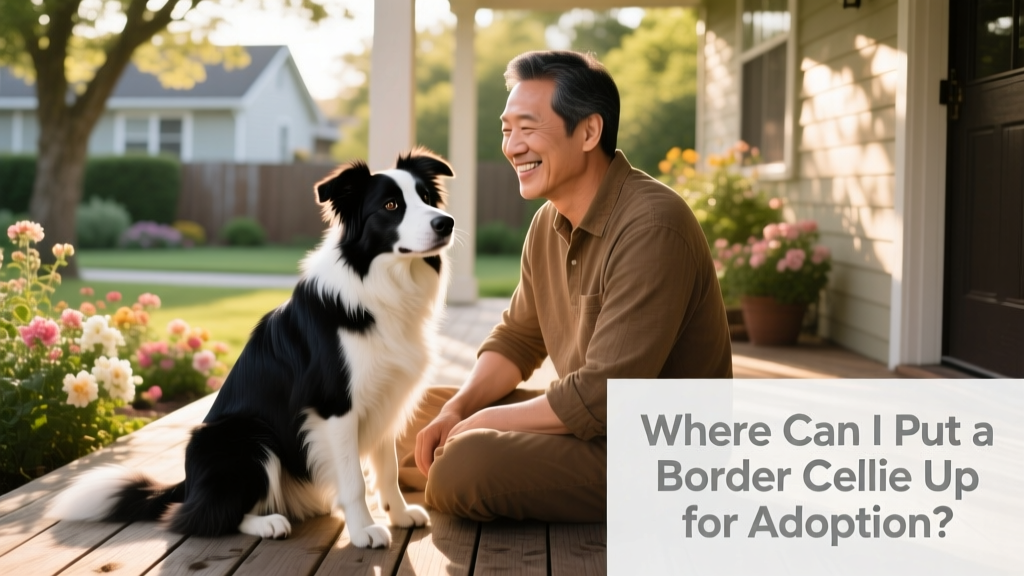A calm, well-groomed Border Collie sitting beside a friendly adult on a sunlit porch