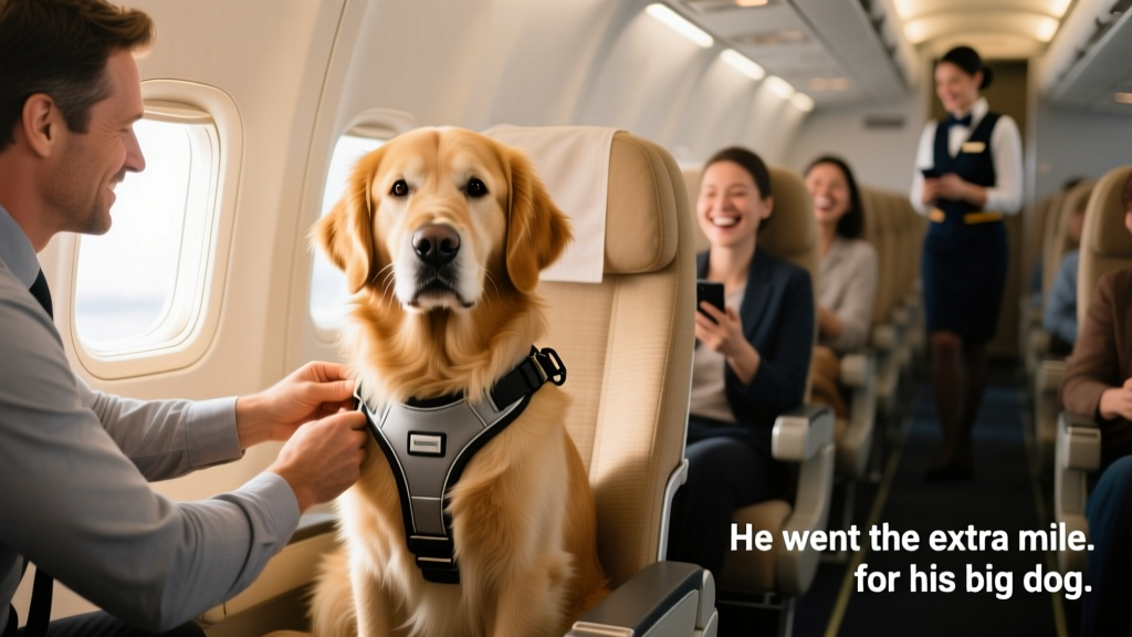 A large, calm dog sitting upright in an airplane seat wearing a small safety harness