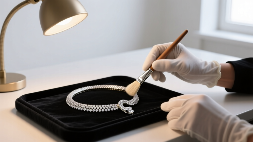Jeweler using a soft brush to clean the pavé diamond scales of a white gold Bvlgari Serpenti Viper necklace under a desk lamp.