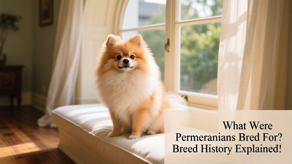 A modern Pomeranian sitting confidently on a cushioned window seat, showcasing its expressive eyes and plush coat