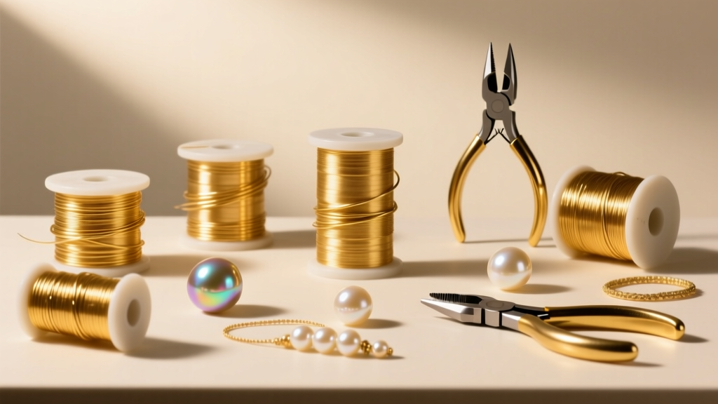 Workbench displaying 14k gold-filled wire spools, baroque pearls, and precision pliers under warm studio lighting.