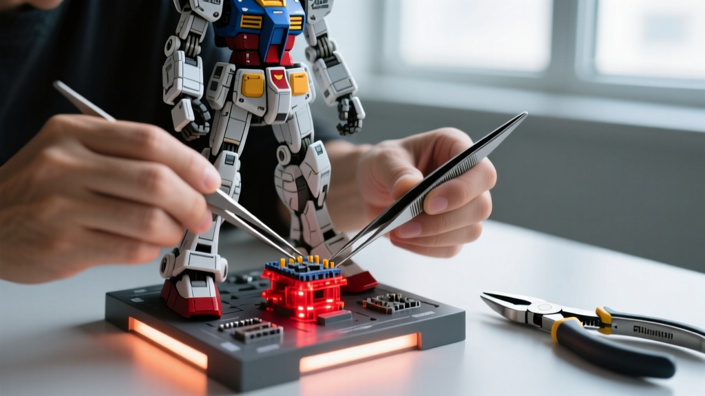 Hands assembling a Bandai Spirits RG Gundam model onto an illuminated LED action base with precision tweezers and side cutters nearby