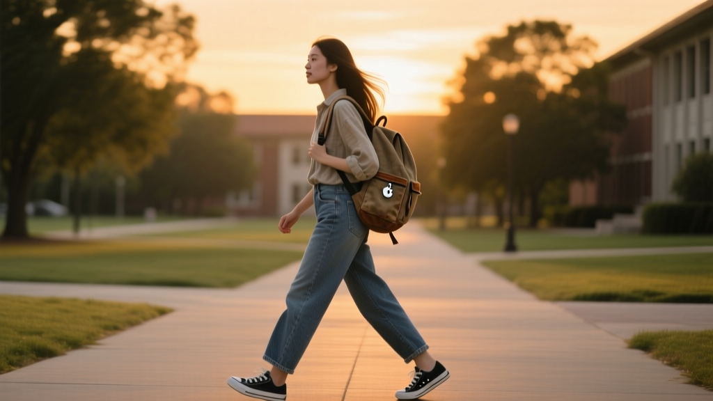 Female student walking across campus at dusk with an Apple AirTag securely attached to the inside zipper of her canvas backpack