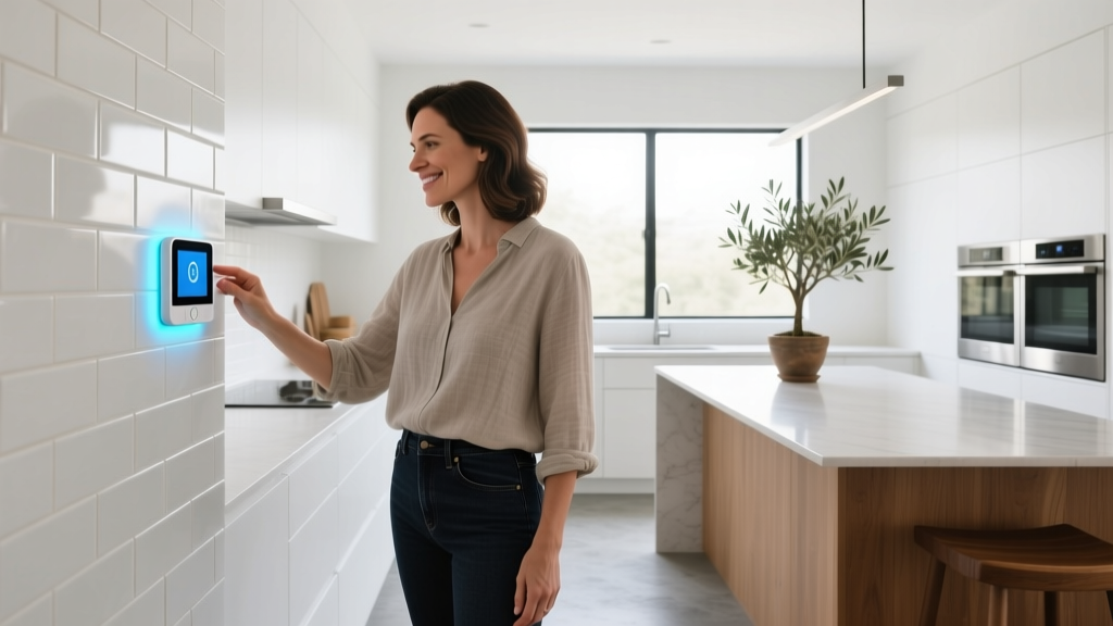 Mother in a modern kitchen smiling while adjusting the temperature on a glowing smart thermostat mounted on a white subway tile wall