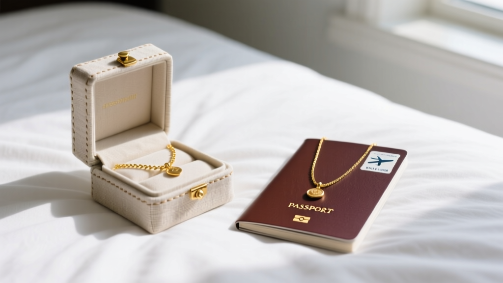 Travel flatlay of a compact linen jewelry box book beside a passport and delicate gold necklace on crisp white bedsheets