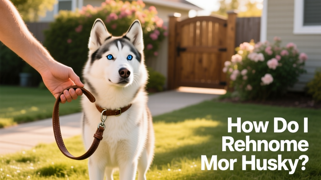 Two hands exchanging a leash while smiling, with a relaxed husky standing calmly between them