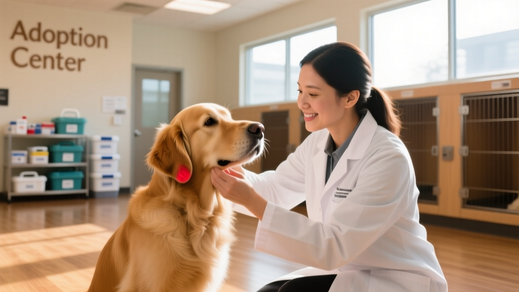 A volunteer gently checking a dog's ears during a wellness exam at a clean, sunlit shelter facility