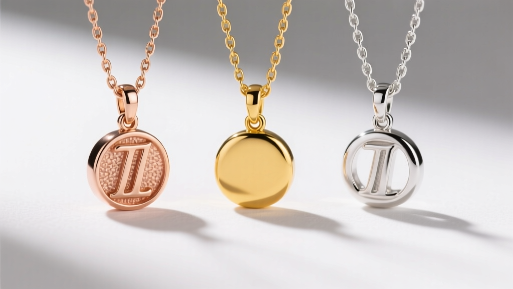 Macro shot of three tiny initial necklace pendants side-by-side: rose gold vermeil, 14k solid yellow gold, and sterling silver.