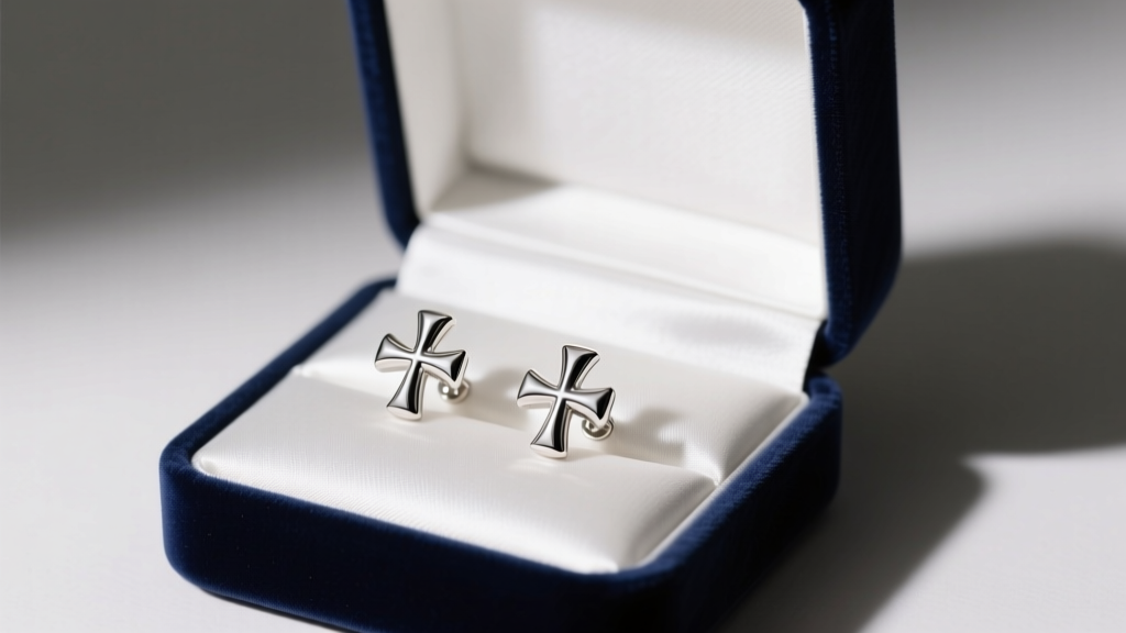 Navy velvet box open to show polished 925 sterling silver cross stud earrings on white satin under soft studio light
