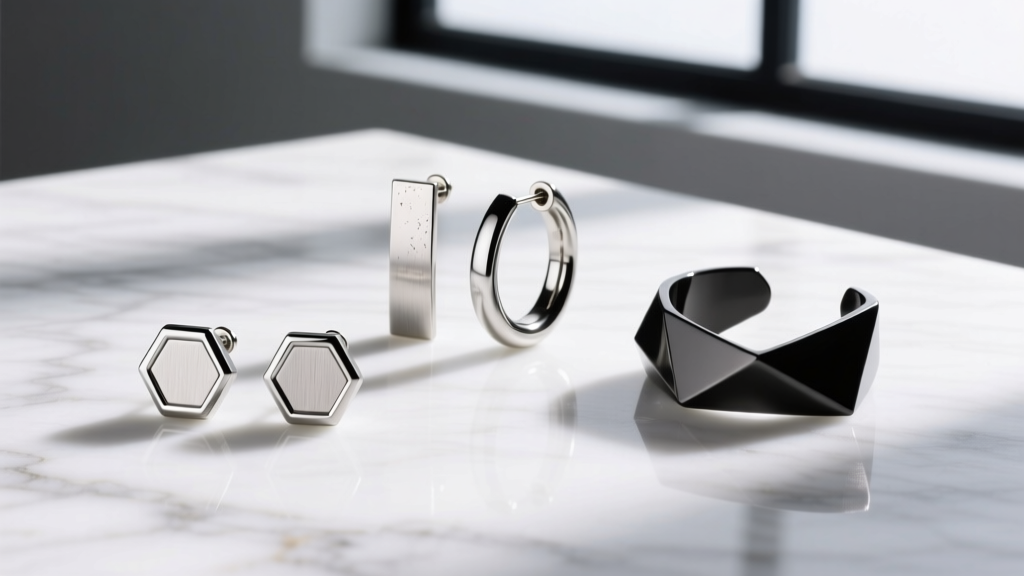 Flat lay of geometric earrings including a hexagon stud, rectangular huggie, and angular ear cuff on a clean white marble surface