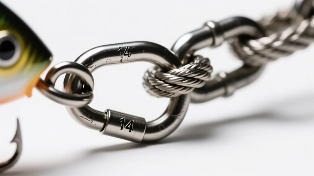 Macro shot of a 14-gauge steel jump ring attaching a heavy fishing lure to a thick stainless rope chain under bright studio light