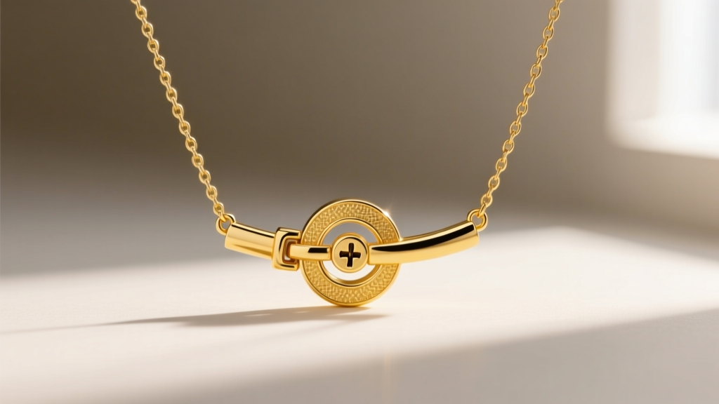 Finished yellow gold convertible pin necklace hanging from a 1mm cable chain, showcasing a secure locking screw clutch mechanism.