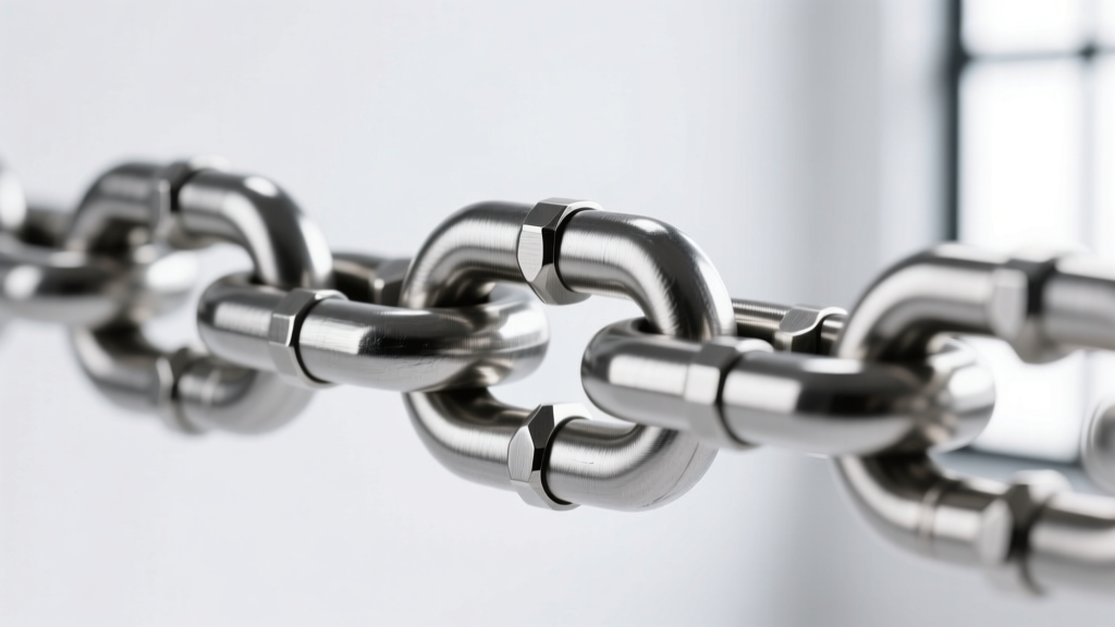 Macro photography of a brushed 316L stainless steel Chicago hex-link chain showing the interlocking geometric joints and clasp