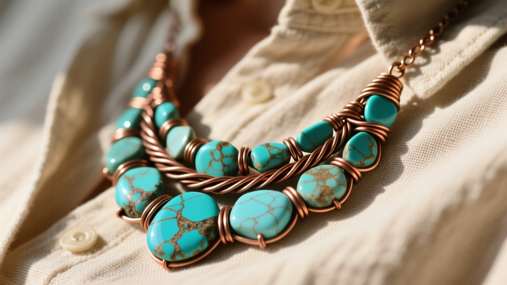 Close-up of a layered craft necklace with raw turquoise stones wrapped in oxidized copper wire resting on a textured linen shirt.