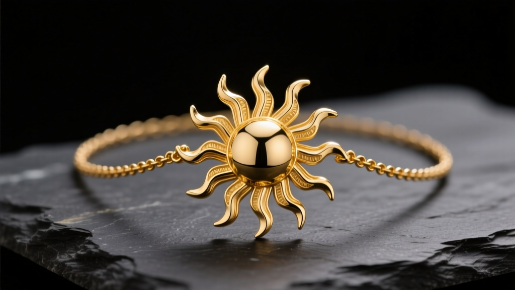 Solid 14k yellow gold Vergina sun necklace with 16 detailed rays resting on dark slate stone, illuminated by soft studio lighting
