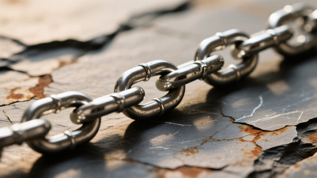 Close-up of a dull stainless steel chain on slate, showing surface oxidation and fine scratches under warm studio lighting.