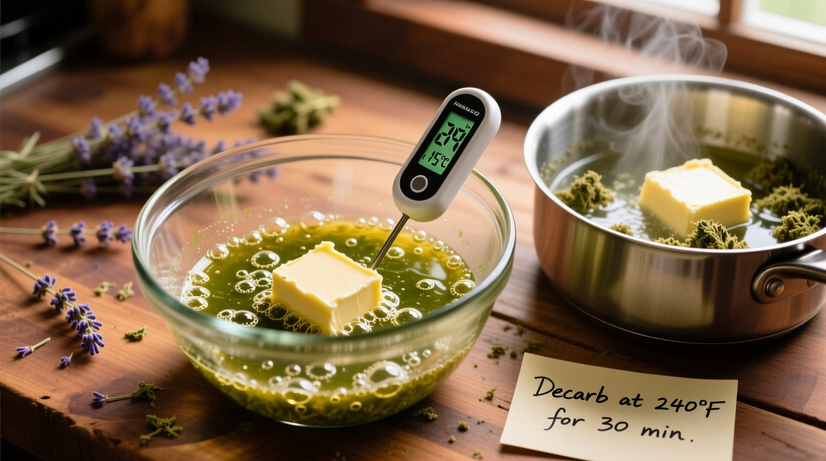 Cannabis butter preparation showing decarboxylation and infusion stages