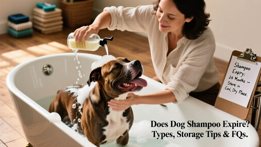 dog owner giving pet pitbull a bath