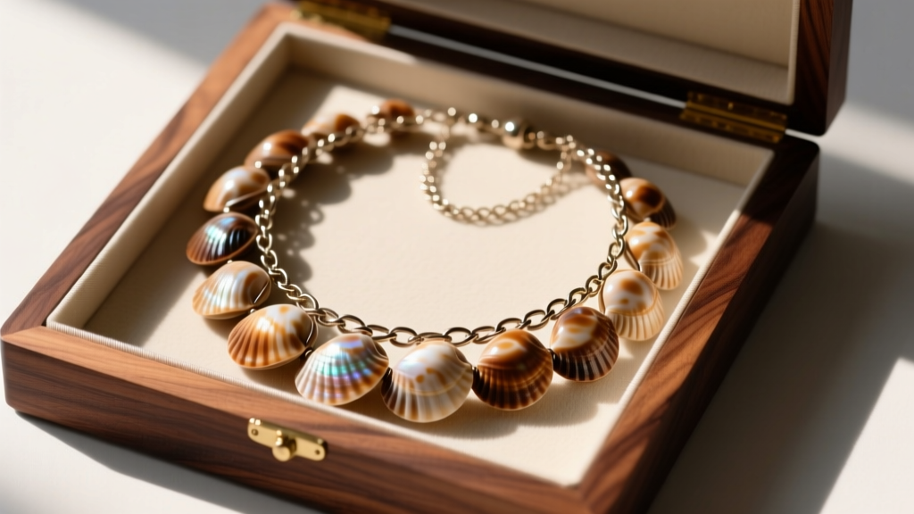 A big puka shell necklace carefully coiled inside a lined cedar jewelry box, separated from metal chains to prevent scratching
