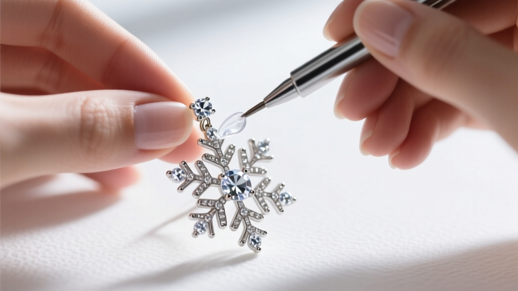 Hands using a precision applicator to apply clear resin to a missing rhinestone setting on a festive holiday snowflake earring.