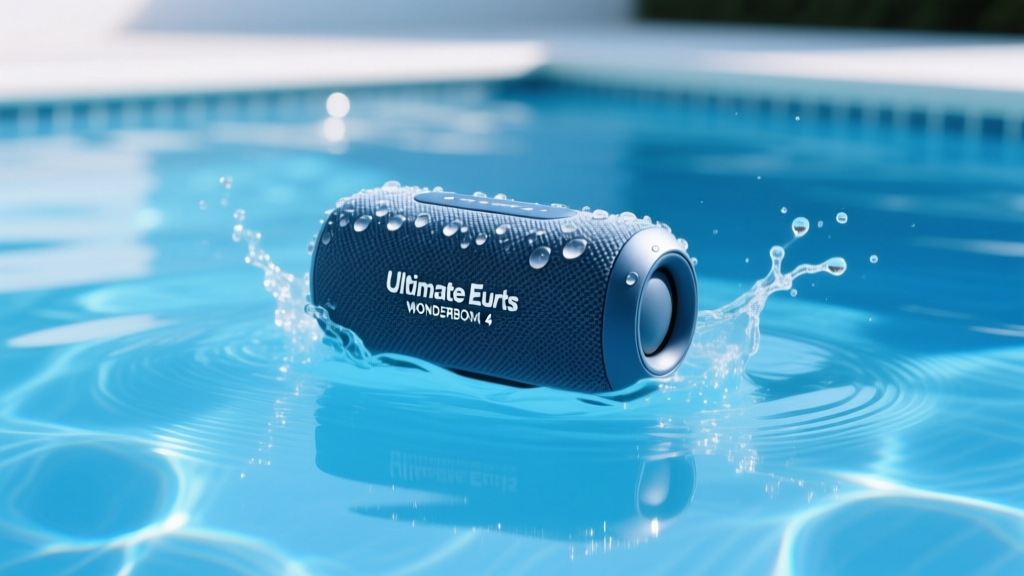 Ultimate Ears WONDERBOOM 4 portable speaker floating in clear blue pool water with splashes freezing around its fabric exterior