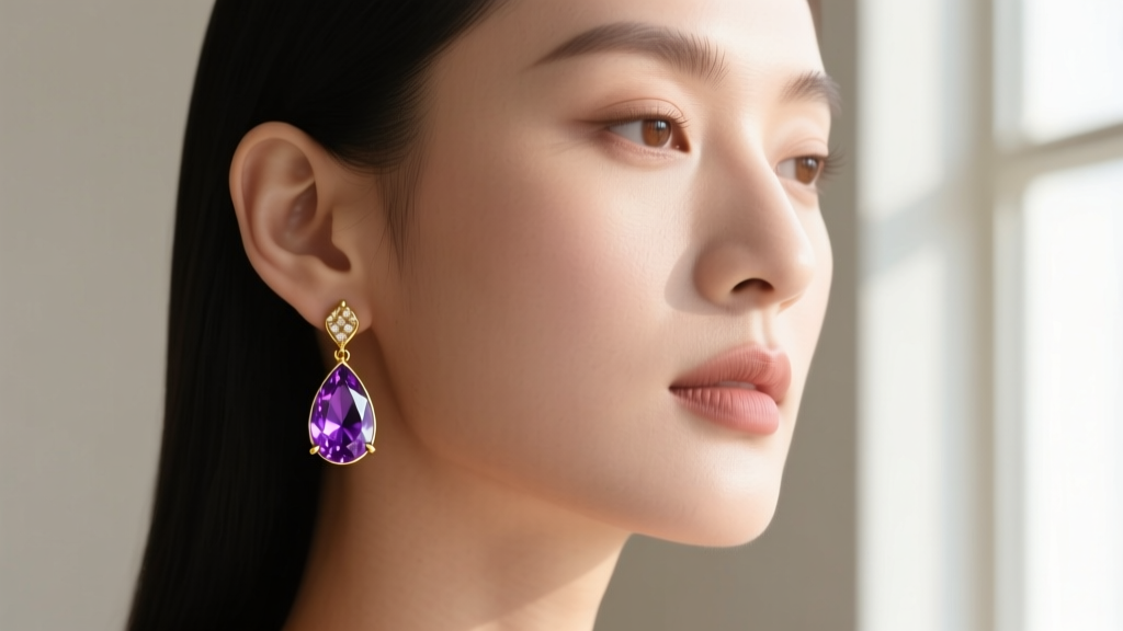 Woman wearing a gold tear drop earring with amethyst, soft lighting highlighting the polished metal and gem facets on her earlobe.