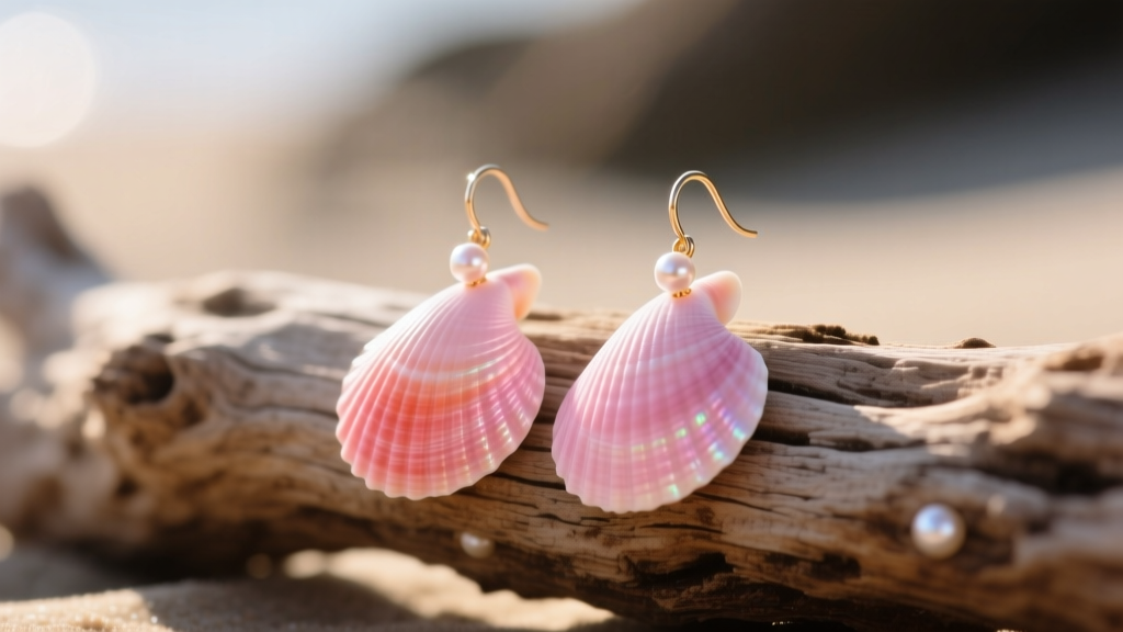 Macro shot of pink conch shell drop earrings on driftwood, bathed in warm morning light to highlight the natural pink gradient.