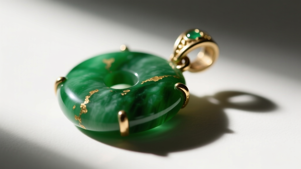 Macro shot of a vintage Stella and Dot green resin pendant showing minor gold plating wear around the bale and clasp mechanism