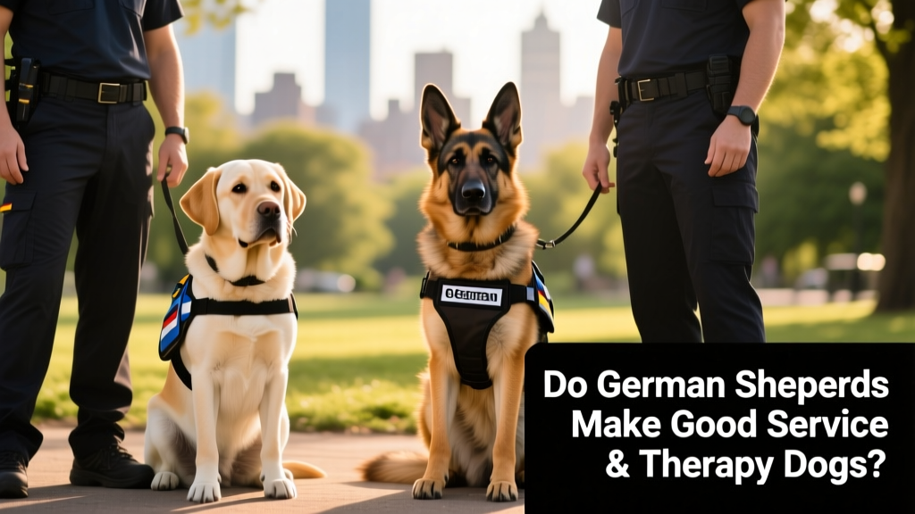 Side-by-side comparison: a calm Labrador Retriever and a focused German Shepherd both wearing service vests, sitting attentively beside their handlers