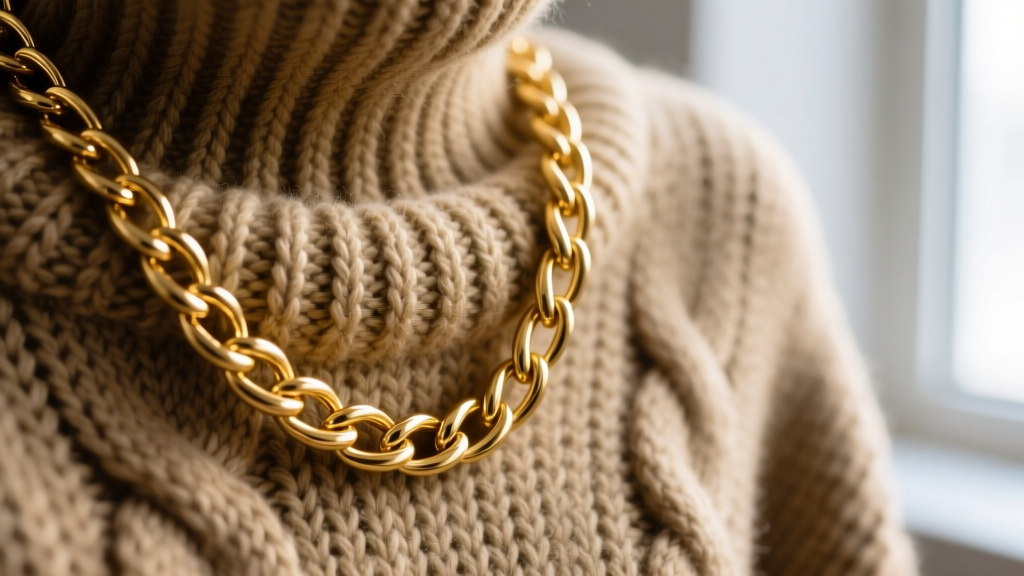 Macro shot of a 14k gold 1.2mm cable chain on a chunky knit wool sweater, highlighting texture contrast under soft natural light