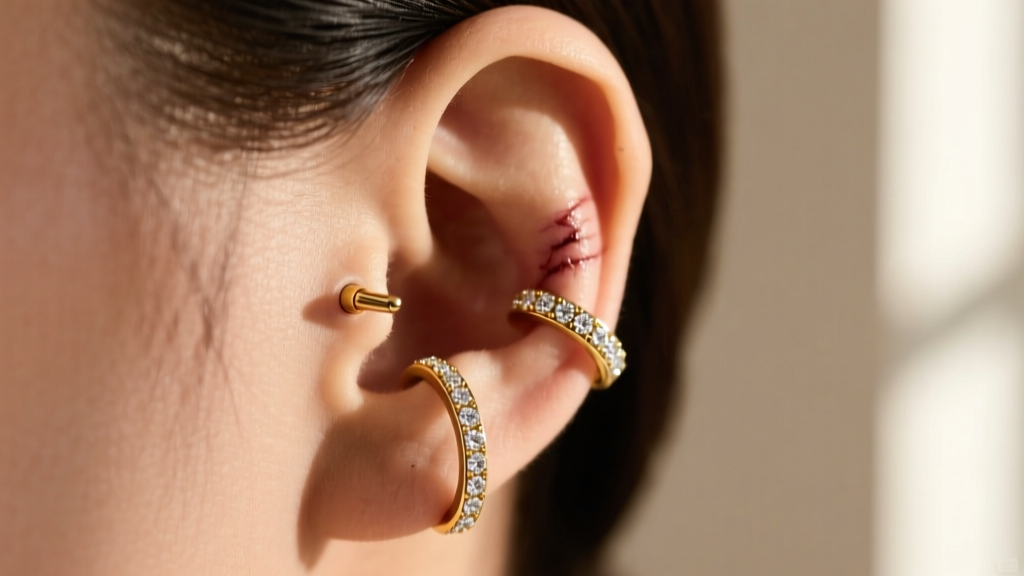 Profile view of a healed double forward helix piercing featuring two delicate 14k gold clicker rings with tiny diamond accents.